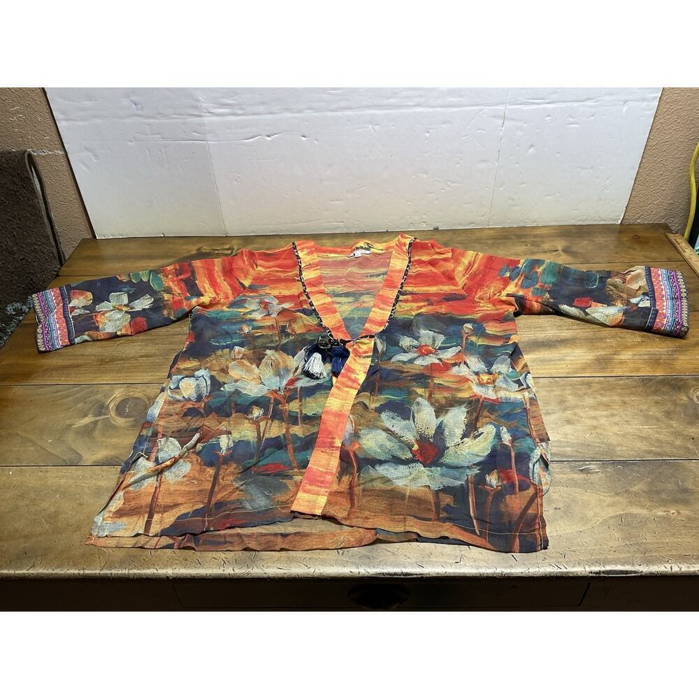 John Mark Abstract Floral Print Shawl Collar Tassel Tie 3/4 Kimono Sleeve XL